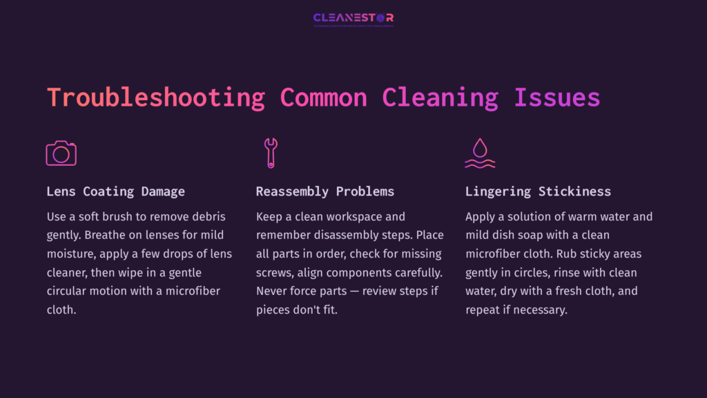 Purple Background With Three Sections: Lens Cleaning Tips, Reassembly Instructions, And Methods For Removing Stickiness, Each With Icons.