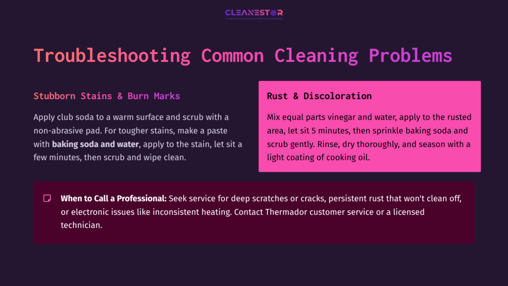 Textual Guide On Cleaning Thermador Griddles, Detailing Solutions For Stubborn Stains And Rust, With Colorful Sections Highlighting Steps.