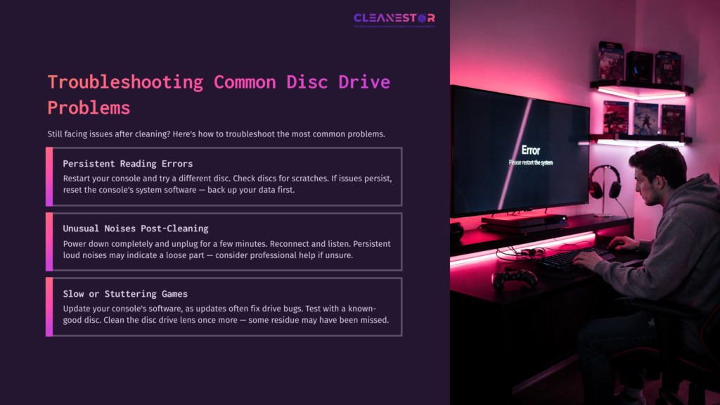 A Person Troubleshooting A Ps4 Slim Disc Drive At A Desk, With A Pink-Lit Background And A Screen Displaying An Error Message.