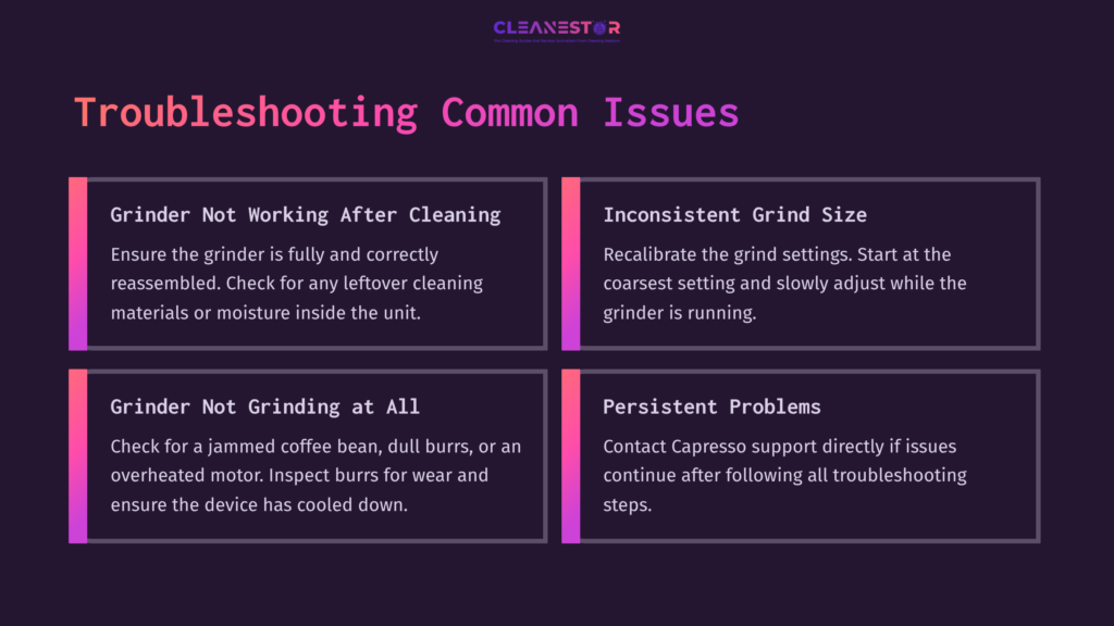 9 Troubleshooting Common Issues 3 Graphic With Troubleshooting Tips For Capresso Burr Grinder, Featuring Purple And Pink Boxes Detailing Common Issues And Solutions.