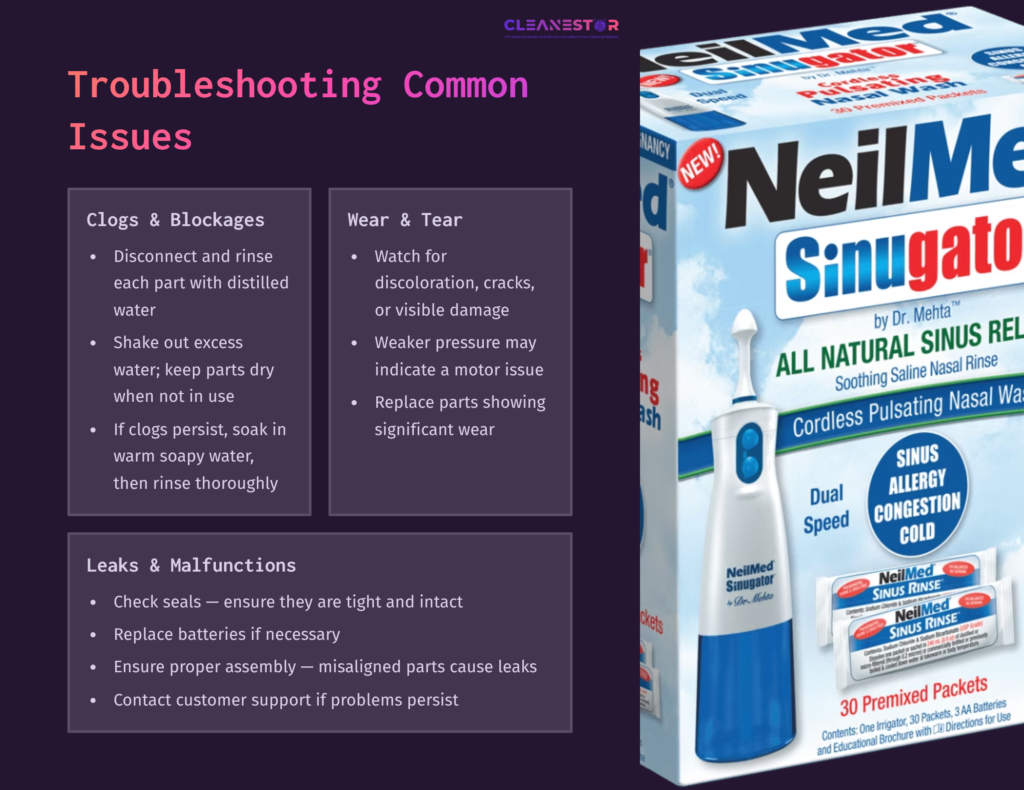 9 Troubleshooting Common Issues 4 A Colorful Page Outlining Troubleshooting Tips For The Neilmed Sinugator, Featuring Primary Objects Like The Device And Product Packaging.