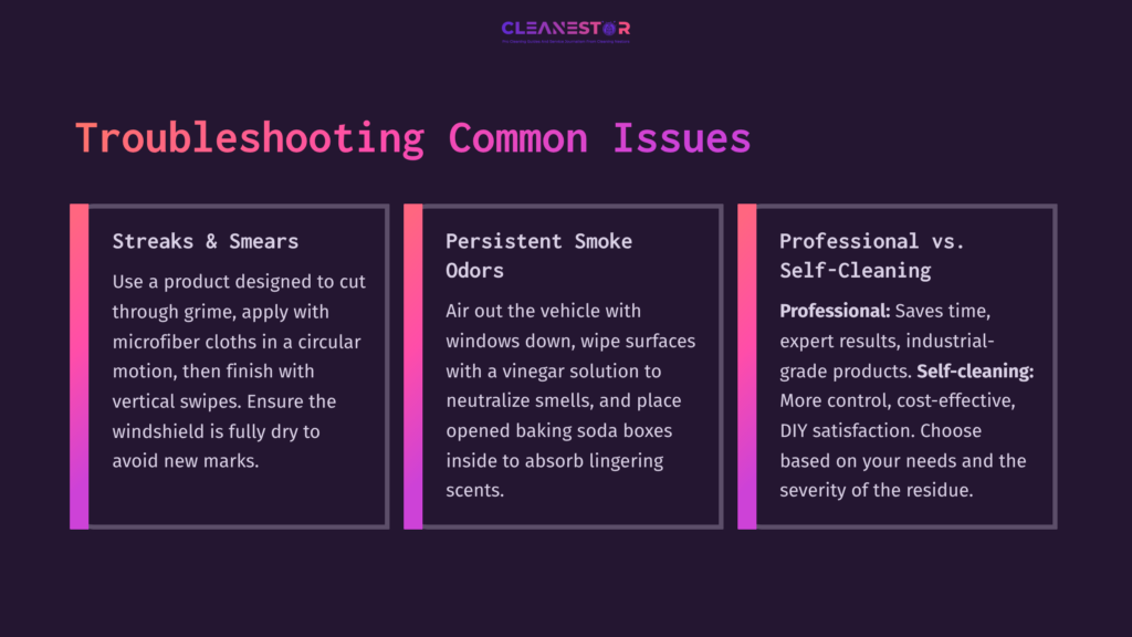 Three Colorful Panels Outline Troubleshooting Tips For Cleaning Smoke Residue From Cars, Focusing On Issues Like Streaks, Odors, And Cleaning Methods.