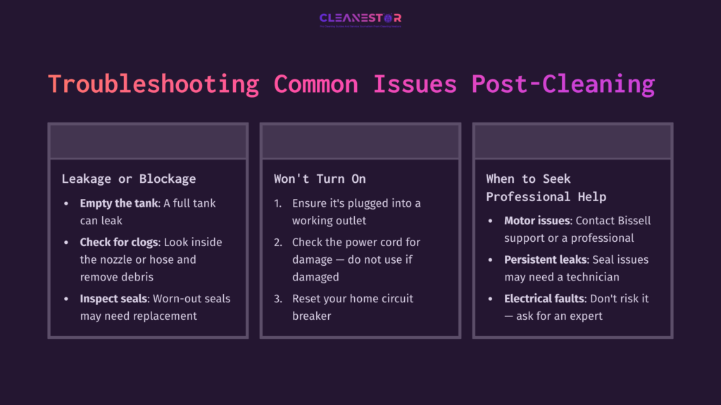 9 Troubleshooting Common Issues Post Cleaning Purple Background With Two Columns Of Troubleshooting Tips For Cleaning A Bissell Quicksteamer, Including Common Issues And Solutions.