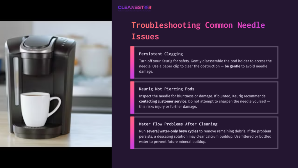Keurig Coffee Maker With A White Cup, Beside Troubleshooting Tips On Persistent Clogging And Needle Issues In Pink And Purple Text.