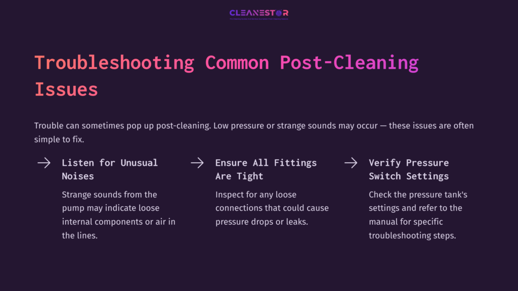 Text On A Dark Purple Background Outlines Troubleshooting Steps For A Well Pump, With Sections On Noises, Fittings, And Pressure Switch Settings.
