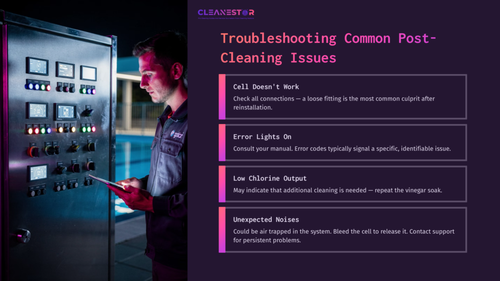 A Technician Inspects A Control Panel Beside A Swimming Pool, With Troubleshooting Tips For A Salt Water Chlorinator On The Right.