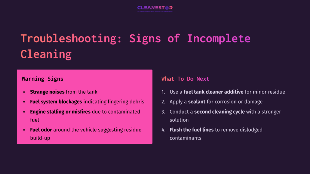 Text On A Dark Purple Background Highlights Troubleshooting Tips For Incomplete Fuel Tank Cleaning, Including Warning Signs And Next Steps.