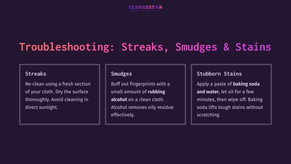 Three Sections Labeled &Quot;Troubleshooting: Streaks, Smudges &Amp; Stains&Quot; With White Text On A Dark Background, Featuring Tips For Cleaning Tempered Glass.