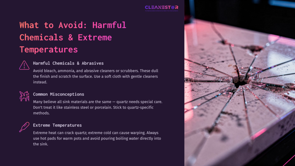 A Cracked Quartz Sink With A Dark, Reflective Surface, Accompanied By Text Discussing Harmful Chemicals And Extreme Temperatures.