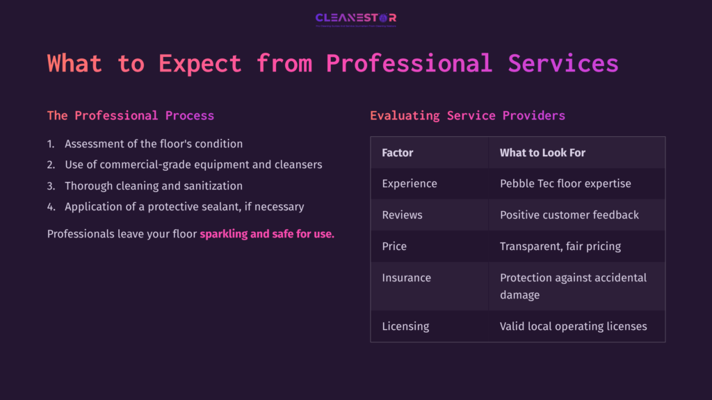 Title And Text In White And Pink Font On A Dark Background Detailing Professional Cleaning Processes And Service Evaluation Factors.