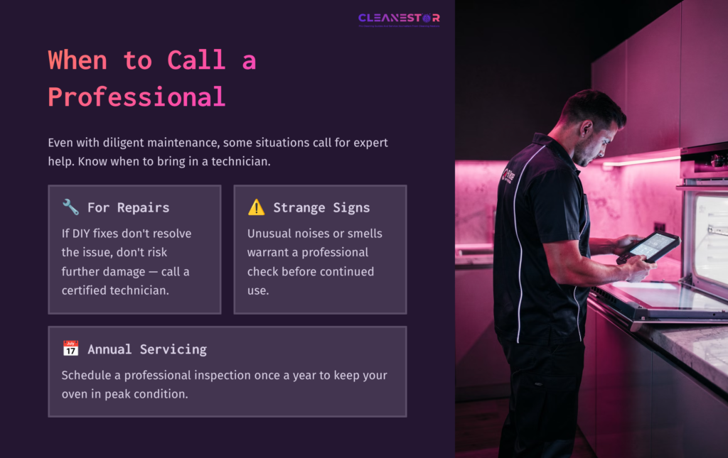 A Technician Checks An Oven, Surrounded By Pink Lighting, With Informative Panels On Maintenance And Service Tips.