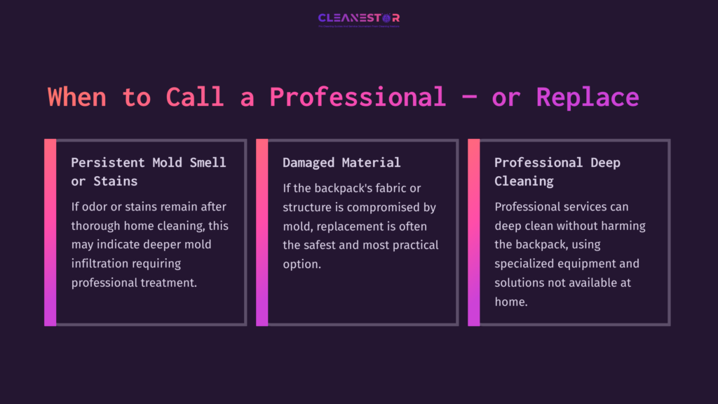 Three Panels On A Dark Background: One Highlights Persistent Mold Smell, Another Discusses Damaged Materials, And The Last Advises Professional Cleaning.