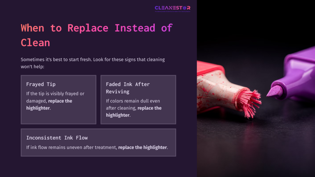 Two Highlighters, One Purple And One Pink, Placed Against A Dark Background. Text Outlines When To Replace A Highlighter Versus Cleaning It.