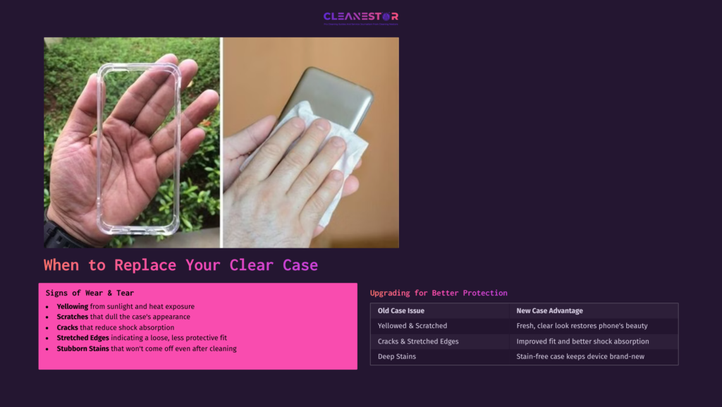 Hand Holding A Clear Phone Case With Scratches And A Hand Cleaning A Smartphone, On A Dark Purple Background With Text About Replacement Signs.