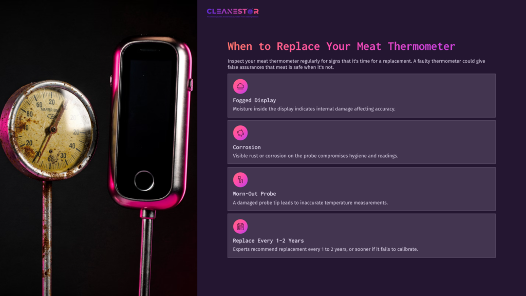 A Digital Meat Thermometer Alongside An Analog Thermometer, With A Dark Background And Text Outlining Replacement Indicators.