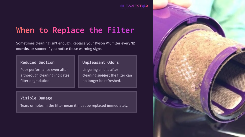 Dyson V10 Filter With Visible Dirt And Damage, Accompanied By Text On When To Replace The Filter Against A Dark Background.