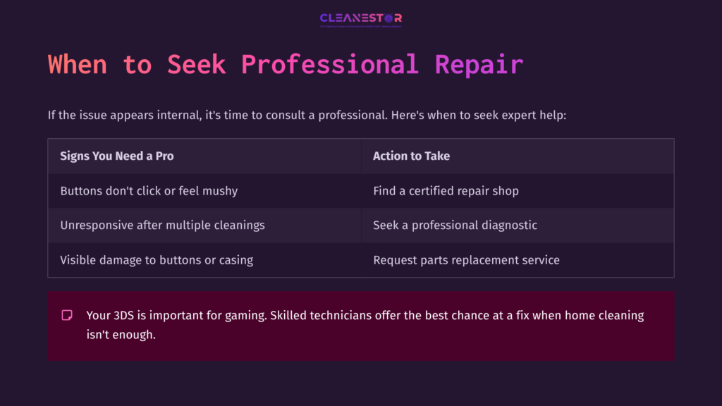 9 When To Seek Professional Repair Table Outlining Professional Repair Advice For 3Ds Shoulder Buttons, Featuring Headings, List Of Signs And Actions, And A Bold Statement About Gaming.