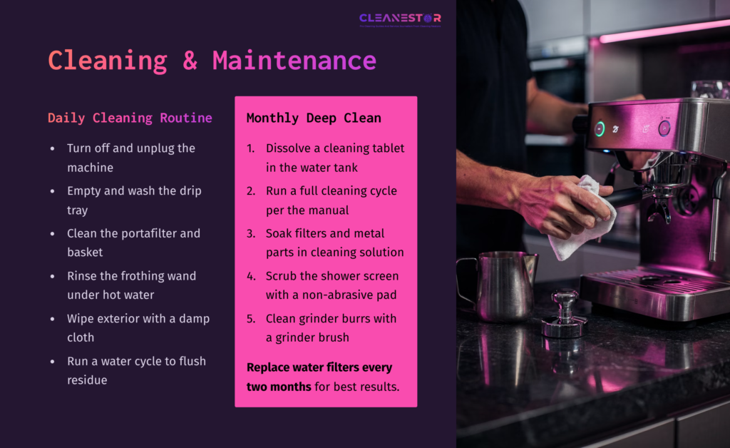 A Person Cleaning A Breville Espresso Machine, With Visible Tools And A Water Kettle, On A Dark Countertop With Purple Accents.