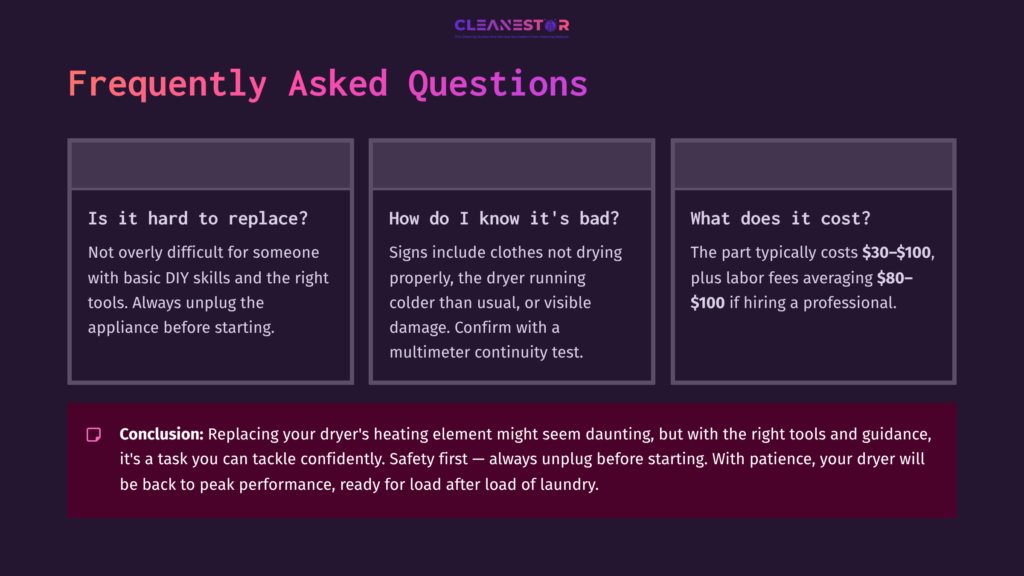 10 Frequently Asked Questions 1 Three Text Boxes With White Fonts On A Dark Purple Background, Addressing Faqs About Dryer Heating Element Replacement.
