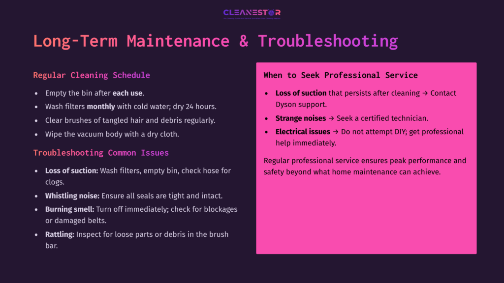 10 Long Term Maintenance And Troubleshooting 1 Text-Based Guide On Dyson Vacuum Maintenance, Featuring A Pink And Purple Color Scheme, Outlining Cleaning Schedules And Troubleshooting Tips.