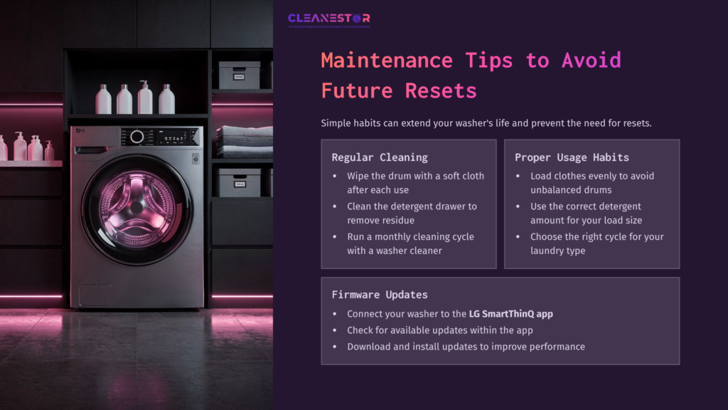 Lg Washing Machine With A Sleek Design, Pink Lights, And A Laundry Shelf. Tips For Maintenance And Resets Are Displayed On The Side.