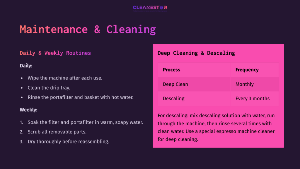 10 Maintenance And Cleaning 1 Title Section &Quot;Maintenance &Amp; Cleaning&Quot; In Bold White Text Over A Dark Purple Background. Instructions For Deep Cleaning And Descaling Appear In Pink Boxes Detailing Processes And Frequency.