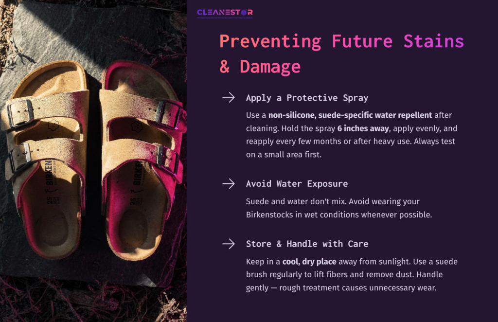 Suede Birkenstocks Placed On A Textured Surface, With Text Guidelines For Cleaning And Care In Purple And White Against A Dark Background.
