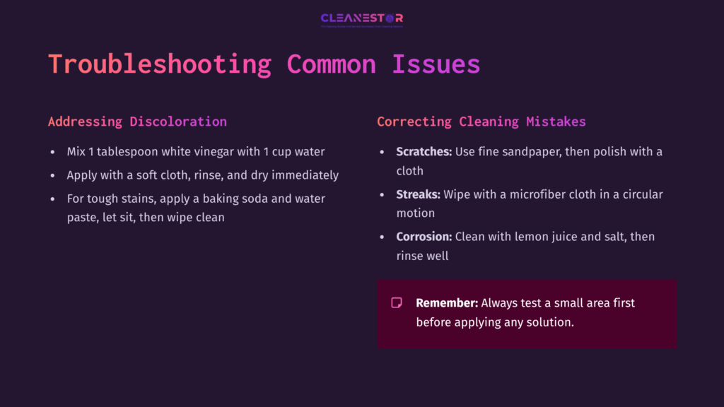 Text On A Dark Purple Background Detailing Troubleshooting For Aluminum Cleaning, With Sections For Discoloration, Mistakes, And A Reminder.