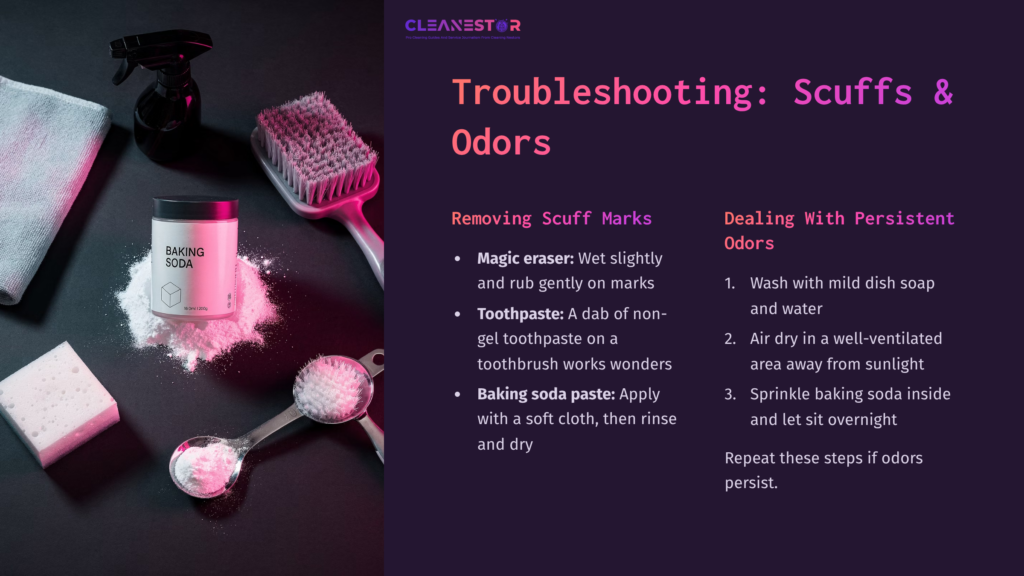 Pink And Purple Graphic With Tips On Cleaning White Crocs; Features A Bottle Of Baking Soda, A Toothbrush, And A Scuff Mark Removal Process.