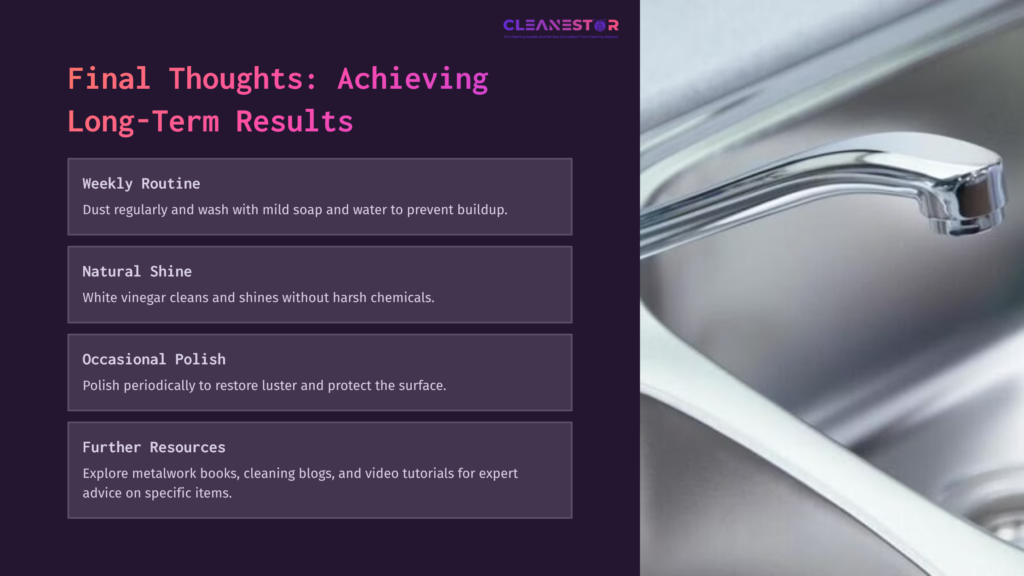 Close-Up Of A Shiny Aluminum Faucet With Water, Alongside Text Boxes In Dark Purple, Providing Cleaning Tips And Resources.