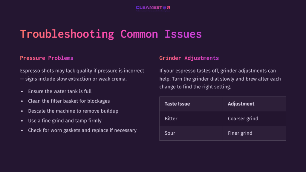 A Dark Purple Backdrop Features A &Quot;Troubleshooting Common Issues&Quot; Section With White And Pink Text, Listing Pressure Problems And Grinder Adjustments.