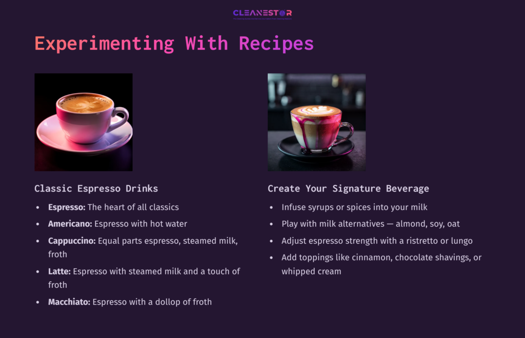 Two Coffee Cups Are Displayed On A Dark Purple Background. The Left Features A Classic Espresso Drink, While The Right Showcases A Signature Beverage, With Notes On Preparation Methods And Toppings.