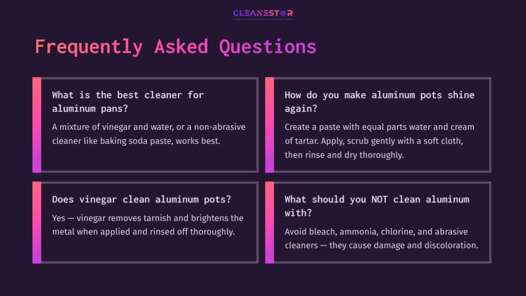 12 Frequently Asked Questions 1 Brightly Colored Faq Section On Cleaning Aluminum Pots, Featuring Bold Questions In Purple Boxes With White Text And A Clean Layout.