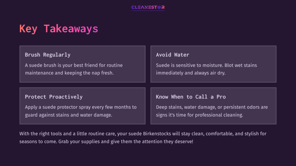 Textbox With Key Takeaways On Cleaning Suede Birkenstocks. Features Purple Background, White And Light Purple Text In Four Sections.