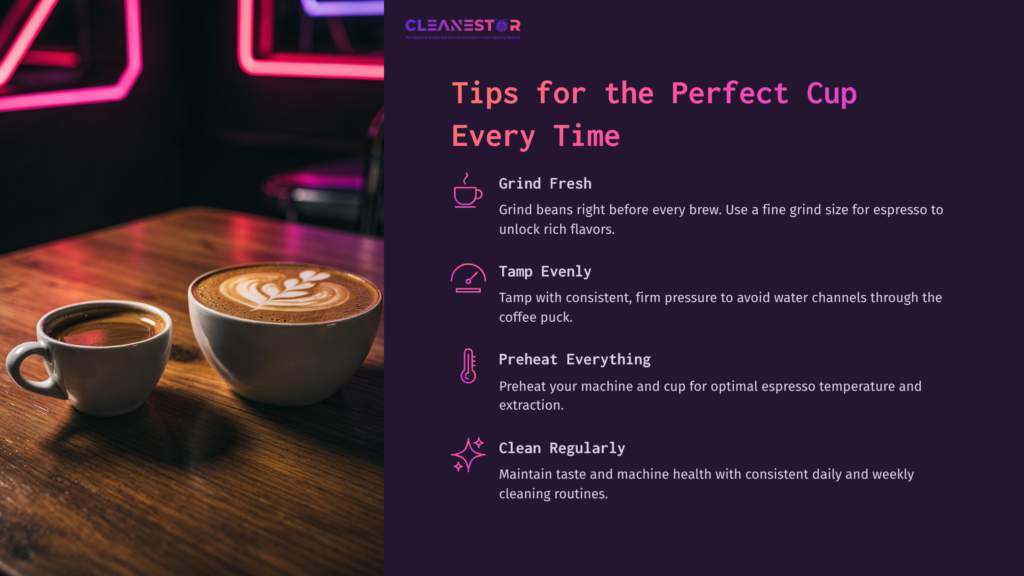 12 Tips For The Perfect Cup Every Time 1 A Coffee Cup With Latte Art Sits Beside A Saucer On A Wooden Table, With Tips On Brewing Espresso Displayed In Bold Text.