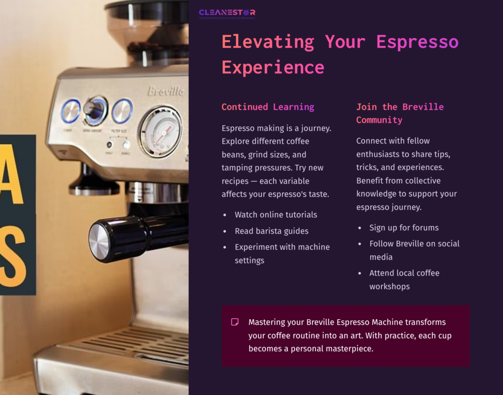 Breville Espresso Machine With Metallic Finish, Steaming Wand, And Control Panel; Background Features Coffee Accessories And A Warm Atmosphere.
