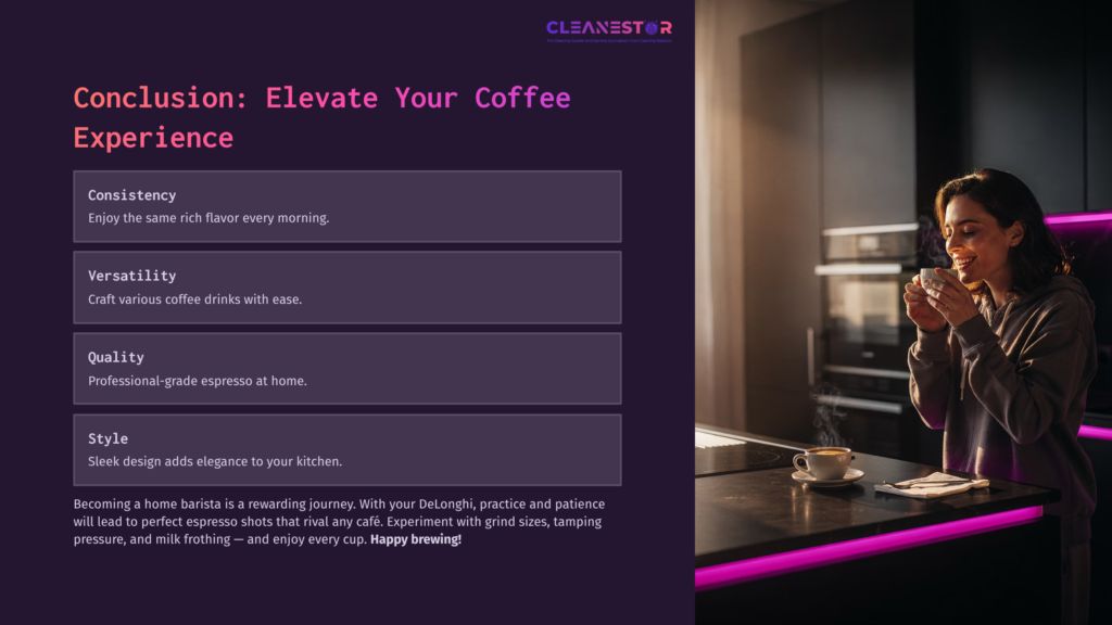 14 Conclusion Elevate Your Coffee Experience 1 A Woman Stands By A Modern Espresso Machine, Sipping Coffee, With A Dark, Stylish Kitchen Background. Text Highlights Key Features.