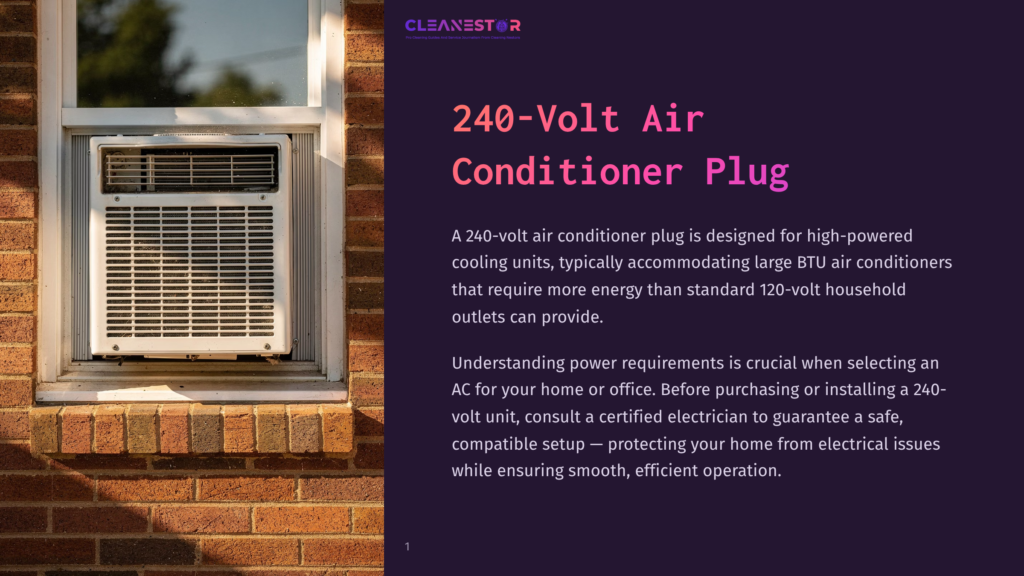 1 240 Volt Air Conditioner Plug A White Air Conditioner Unit Is Mounted On The Window Sill Of A Brick Wall Building, With The Text &Quot;240-Volt Air Conditioner Plug&Quot; On A Purple Background.