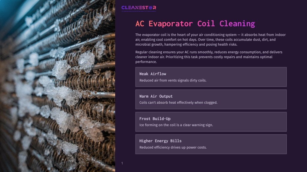 Close-Up Of A Dirty Ac Evaporator Coil Covered In Ice And Frost. Text Overlay Reads &Quot;Ac Evaporator Coil Cleaning&Quot; And Lists Issues Like &Quot;Weak Airflow&Quot; And &Quot;Warm Air Output.