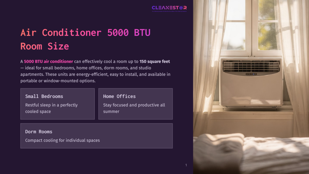 A White 5000 Btu Air Conditioner Unit Is Installed In A Sunny Window, Cooling A Bedroom With A Bed Visible In The Foreground. Text Promotes The Air Conditioner'S Features For Small Rooms.