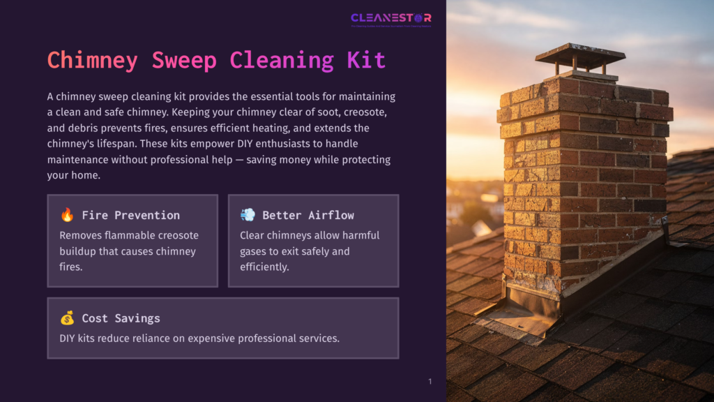 Cleanestor Logo Above Text About Chimney Sweep Cleaning Kits For Fire Prevention And Better Airflow. A Brick Chimney With A Cap Is Silhouetted Against A Sunset Sky.