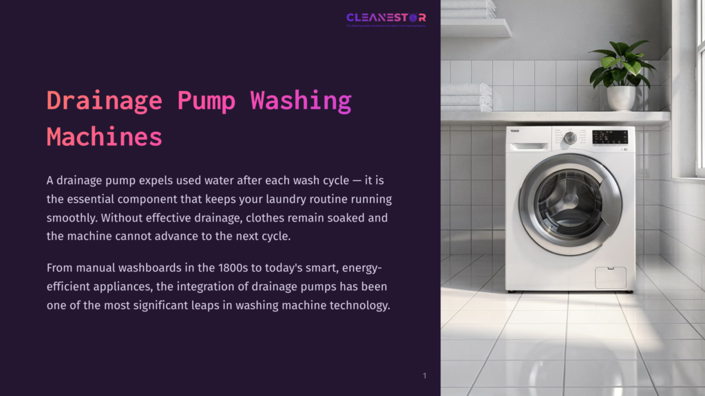 A Modern White Front-Load Washing Machine With A Digital Display Sits In A Bright, Tiled Laundry Room. The Image Also Features Text About Drainage Pump Washing Machines.