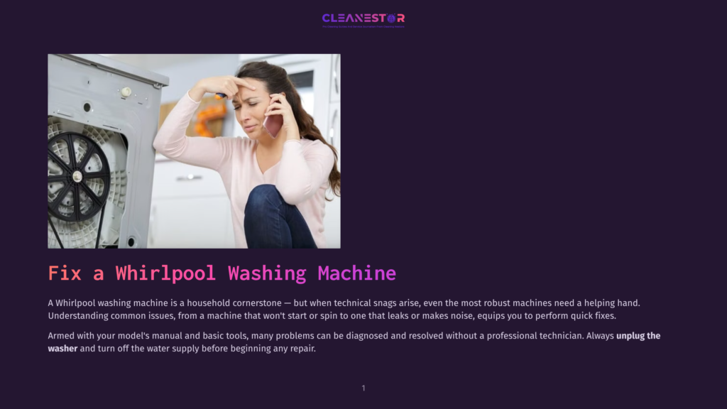 1 Fix A Whirlpool Washing Machine A Frustrated Woman In A Pink Sweater Talks On Her Phone While Looking At The Open Interior Of A Whirlpool Washing Machine, Which Is White And Has A Visible Drum And Belt.