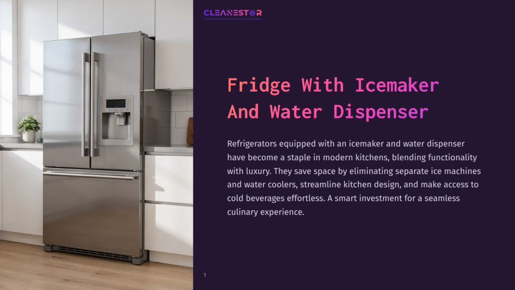 Stainless Steel French Door Refrigerator With Built-In Icemaker And Water Dispenser, Part Of A Modern Kitchen With White Cabinetry.