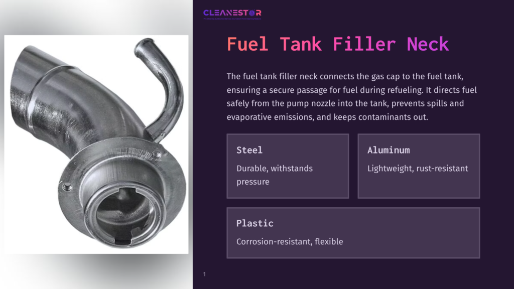 Close-Up Of A Metal Fuel Tank Filler Neck, A Crucial Component For Safe Refueling. The Image Highlights Its Sturdy Construction, Essential For Preventing Spills And Contamination.