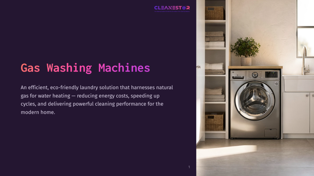 A Modern Gas Washing Machine In A Bright Laundry Room, Next To Shelves Of Folded Towels And A Plant. Text Overlay Reads &Quot;Gas Washing Machines&Quot; And &Quot;Cleanestor&Quot;.