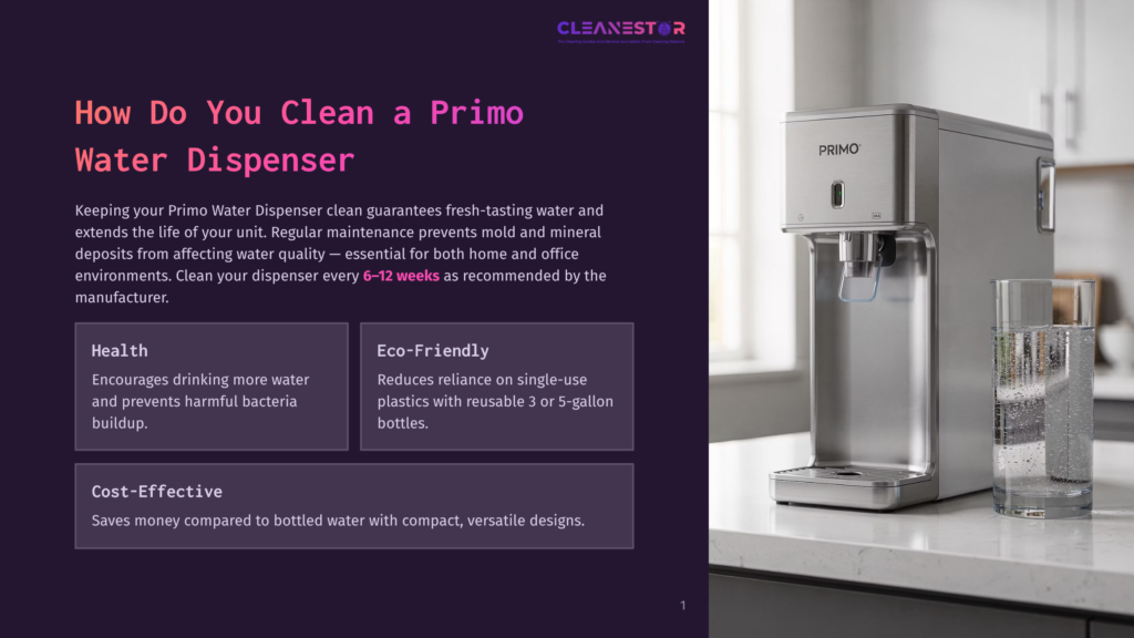 A Sleek, Modern Silver Primo Water Dispenser Sits On A Kitchen Counter, Dispensing Water Into A Clear Glass. The Text &Quot;Cleanestor&Quot; Is Visible At The Top.