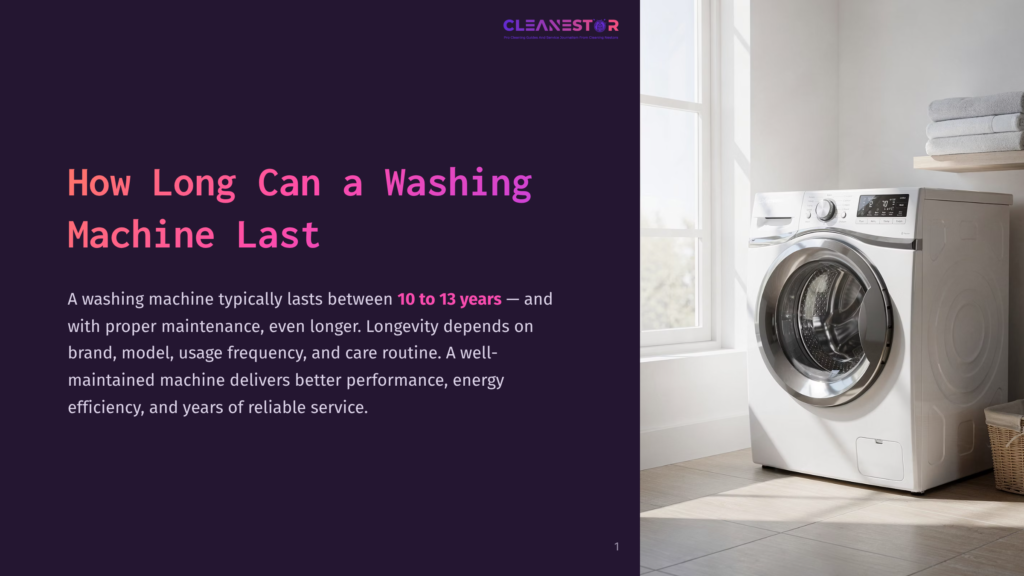 1 How Long Can A Washing Machine Last A Modern, White Washing Machine Sits In A Bright Laundry Room Next To A Large Window, With A Stack Of Neatly Folded Towels On A Wooden Shelf Above It.