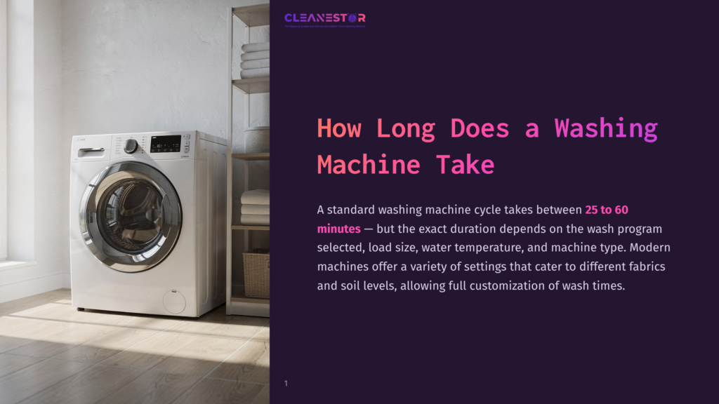 A Modern White Washing Machine Is Shown In A Brightly Lit Laundry Room With Wooden Floors And Shelves Of Folded Towels In The Background. The Cleanestor Logo Is Visible At The Top Left.