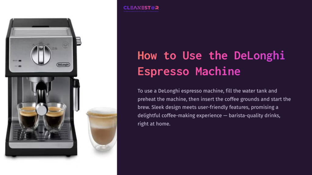 1 How To Use The Delonghi Espresso Machine 1 Delonghi Espresso Machine With A Sleek Design, Positioned Next To A Small Glass Of A Creamy Espresso Drink, On A Purple Background.